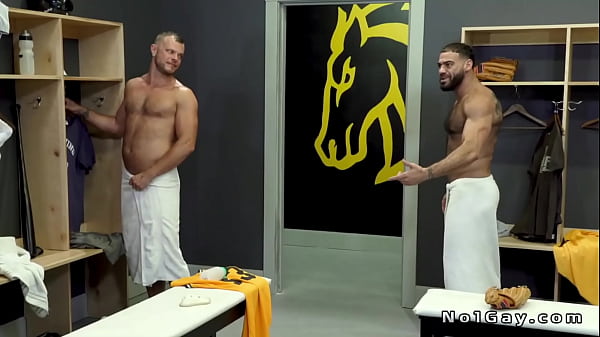 Hairy gays in an locker room threesome